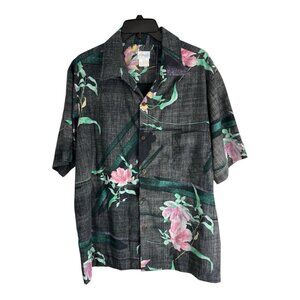 Mapili Mens Shirt Size XL VTG Button Down Gray Pink Floral Hawaiian Short Sleeve